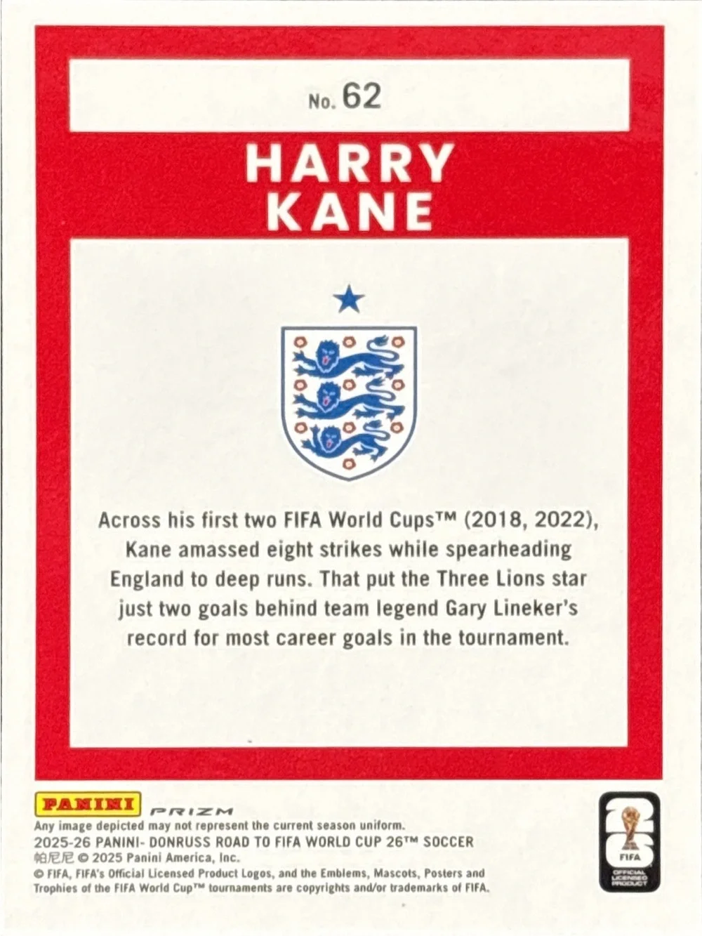 Panini World Cup Harry Kane England Captain Soccer Card